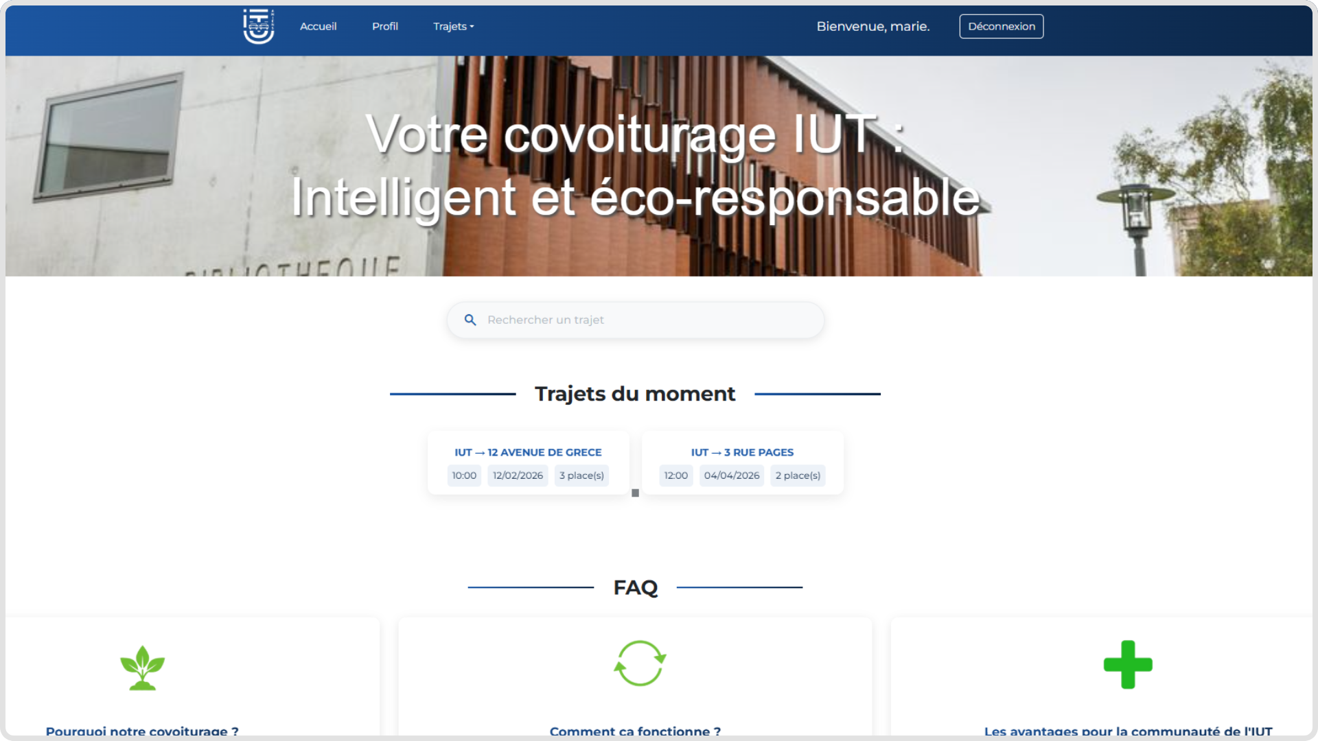 Interface accueil Covo'IUT — trajets et recherche
