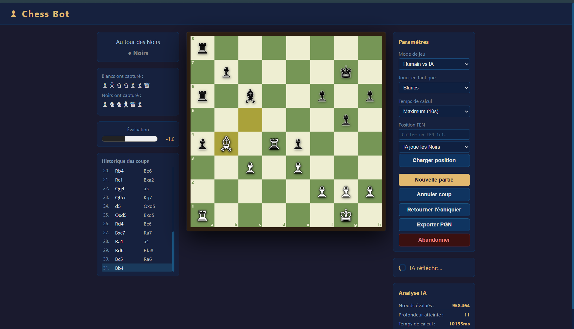 Chess Bot — interface jouable et plateau d'analyse